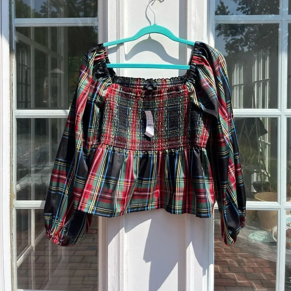 J Crew Puff-sleeve Smocked Top in Stewart Tartan NWT